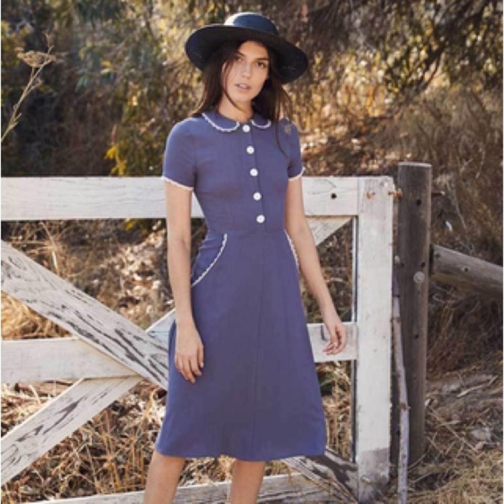 Christy Dawn blue dress with front buttons, pockets and lace details